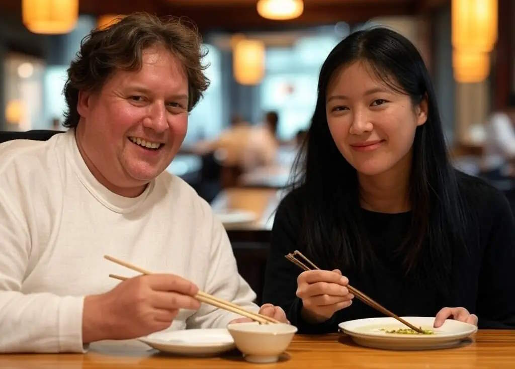 Un gros malin qui pense à sa nuit de noce qui approche avec sa fiancée asiatique.