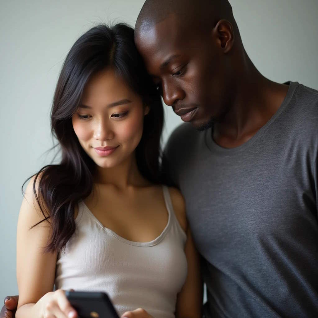 Un black jaloux qui surveille le téléphone de sa femme asiatique.