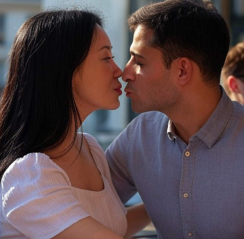 Un européen fier d'avoir épousé une belle femme asiatique.